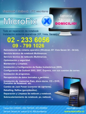 Microfix Chile Avisos gratis en Chile en Lo Barnechea |  Servicio Tecnico Computacion a Domicilio Netbook Notbook Pc Wifi, Reparacion De Notebook Netbook Pc A Domicilio Outlook Red