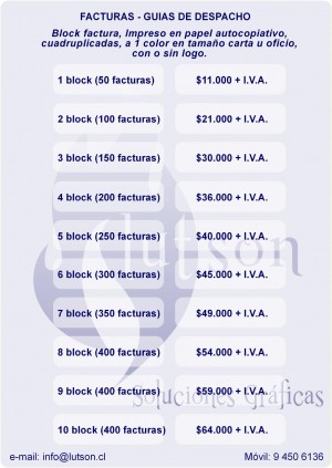 Impresiones Lutson Avisos gratis en Chile en La Cisterna |  50 facturas $11.000, cotice gratis a info@lutson.cl